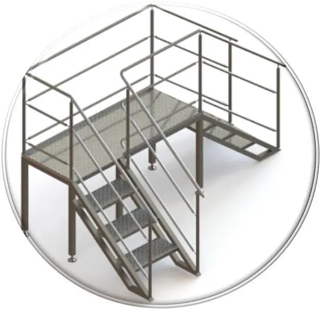 Plataforma com escadas e guarda-corpos em aço