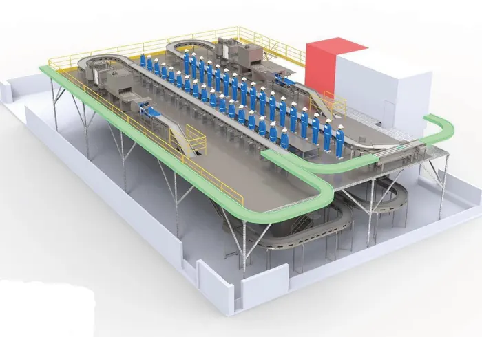 Modelo 3D de linha industrial com plataforma elevada e transportadores