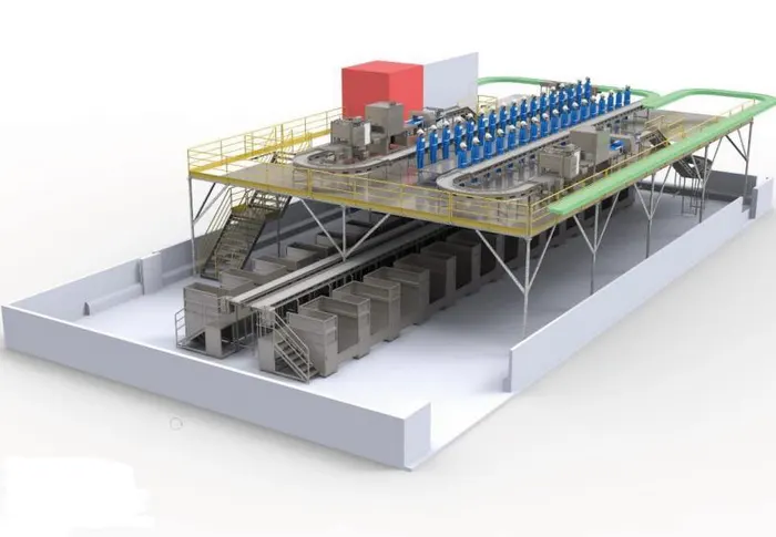 Vista do projeto 3D de linha de processo com plataforma e equipamentos