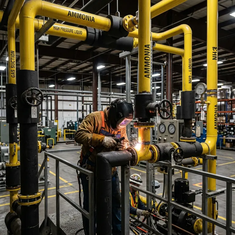 Instalação e manutenção de tubulações de amônia para refrigeração industrial